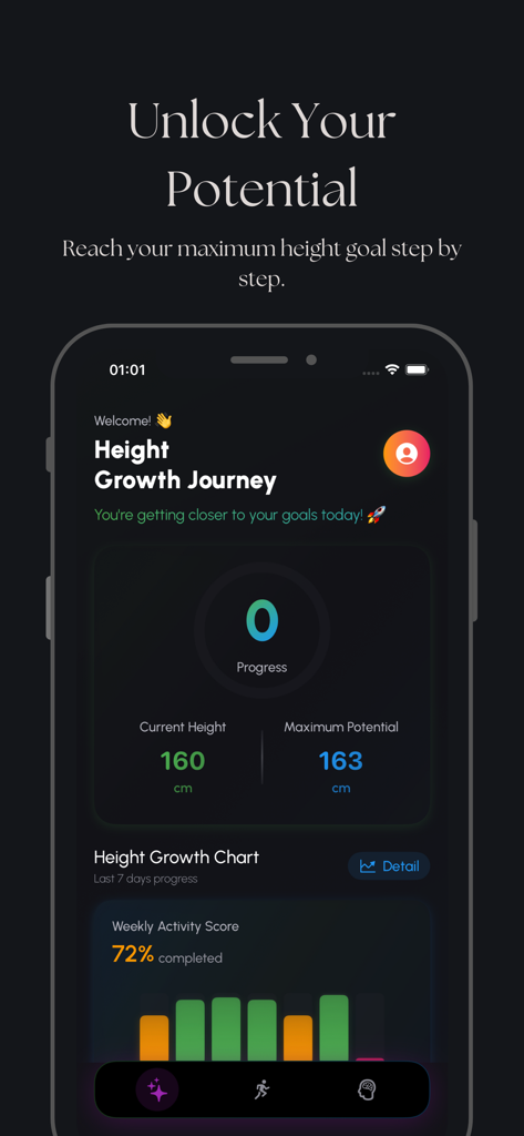 Longer - Height & Posture - Mobile app dashboard for Longer showing height growth potential tracking and weekly progress charts