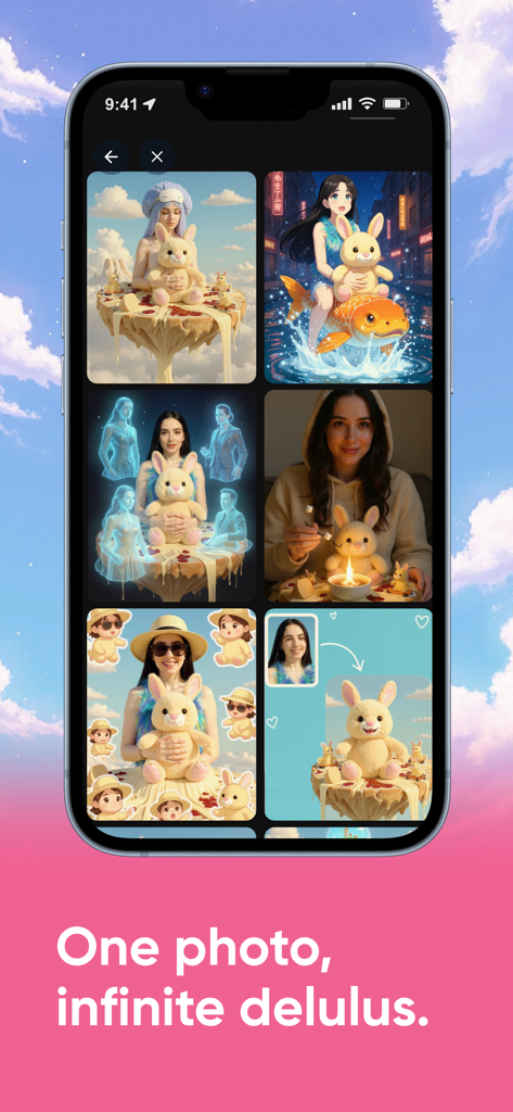 Delulu (by Decart) - Ein Smartphone-Bildschirm, der ein Raster verschiedener KI-generierter Kunststile anzeigt, die auf ein Foto eines Mädchens angewendet wurden, das einen Plüschhasen hält.