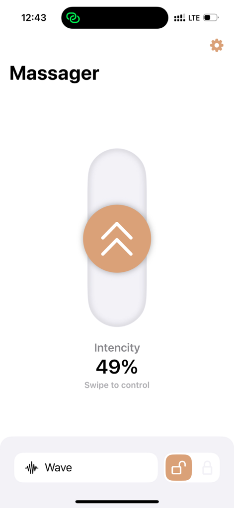 Vibrator・Massager Vibrate App - User interface of the Vibrator Massager app showing an intensity control slider at 49 percent and a wave mode selector