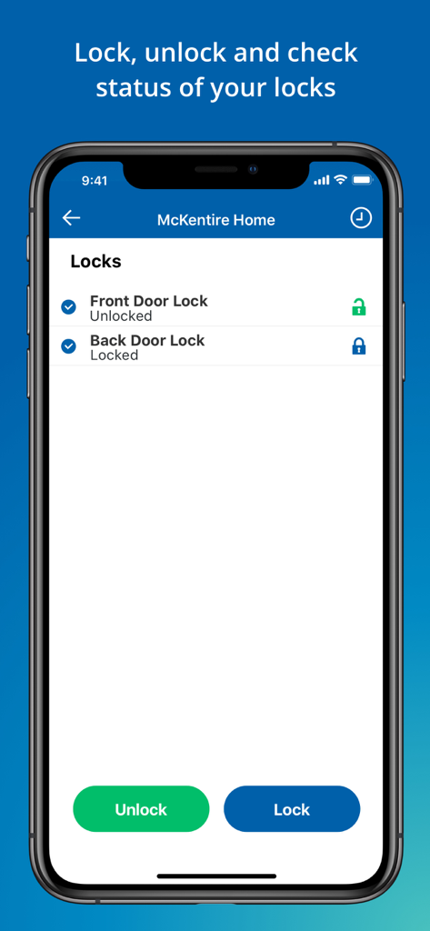 ADT Control ® - ADT Control mobile app screen for remote locking and unlocking of home doors.