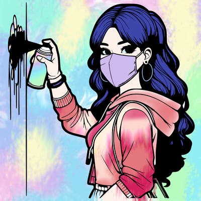 realistic girl with mask spray painting a wall