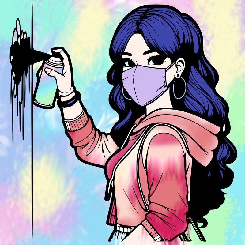 realistic girl with mask spray painting a wall