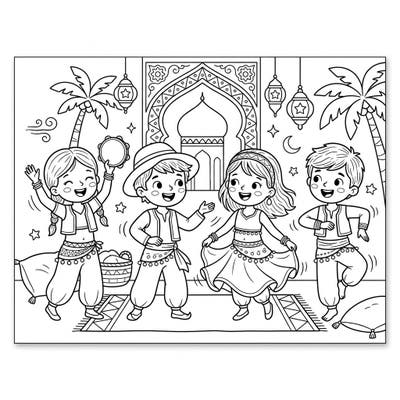 Dive into a world of rhythm and joy with this adorable Kids Belly Dance coloring page. Watch as four cheerful children come alive with your vibrant colors, celebrating culture and movement.