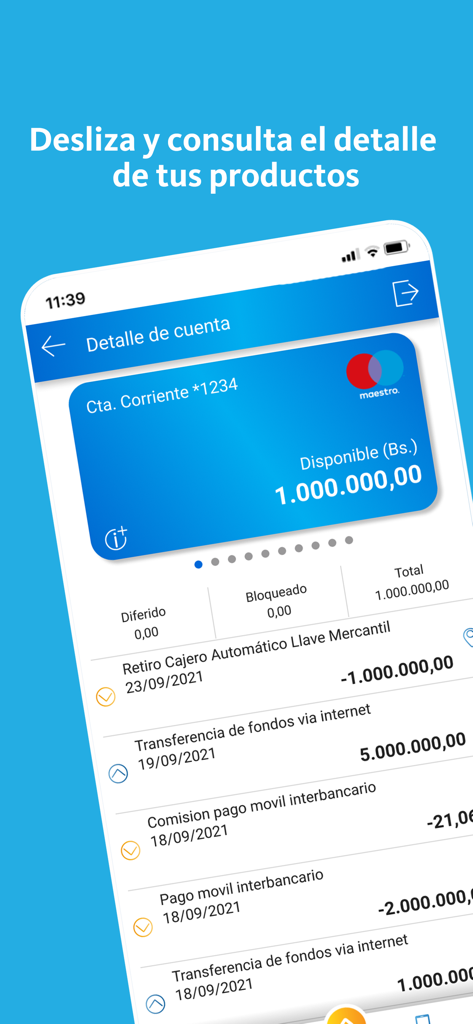 Mercantil Banco - Mercantil Banco mobile app screen showing checking account balance and recent transaction history