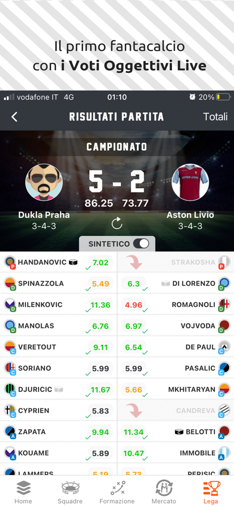 Fantacalcio Online - Screenshot dell'app Fantacalcio Online che mostra i risultati delle partite live e le valutazioni oggettive dei giocatori per due squadre di fantacalcio