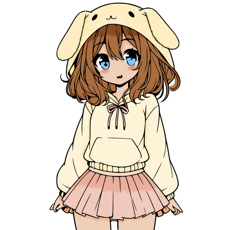 pretty anime girl wearing a fluffy hoodie with bunny ears on the hood and a skirt