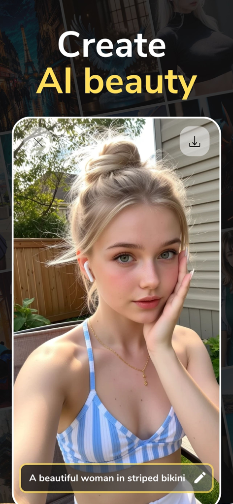 Dreamerland - AI Art Generator - Dreamerland app interface showing a realistic AI generated portrait of a woman based on a text prompt