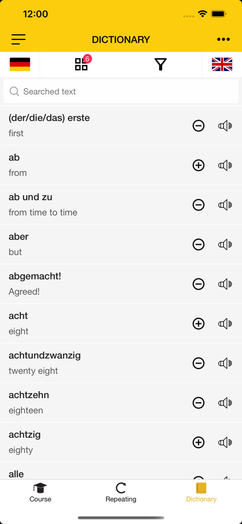 ZARAZ English and German - ZARAZ app dictionary screen showing German words with English translations and audio playback icons