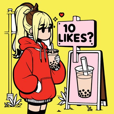 girl with oversized hoodie drinking boba and she has a high ponytail with a sign that says 10likes?