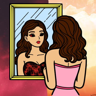 a woman looking at herself in the mirror.