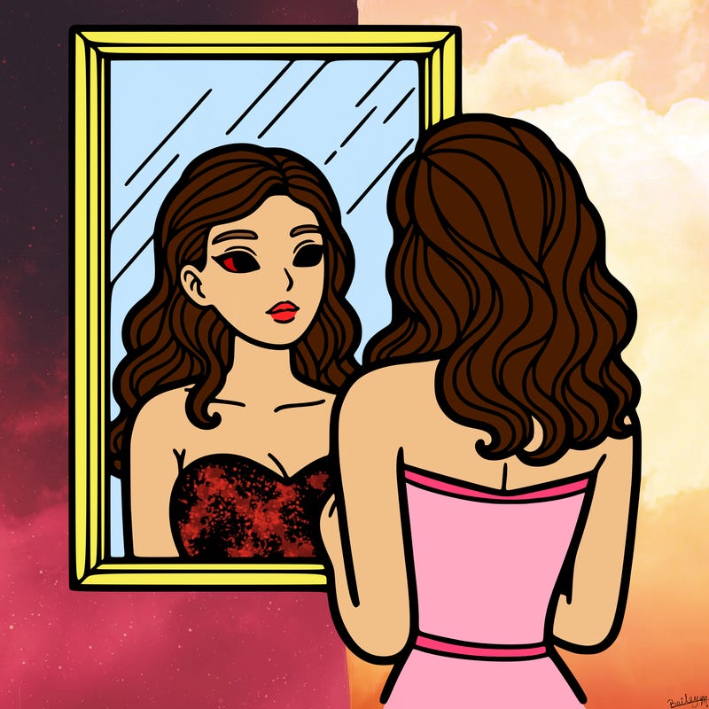 a woman looking at herself in the mirror.