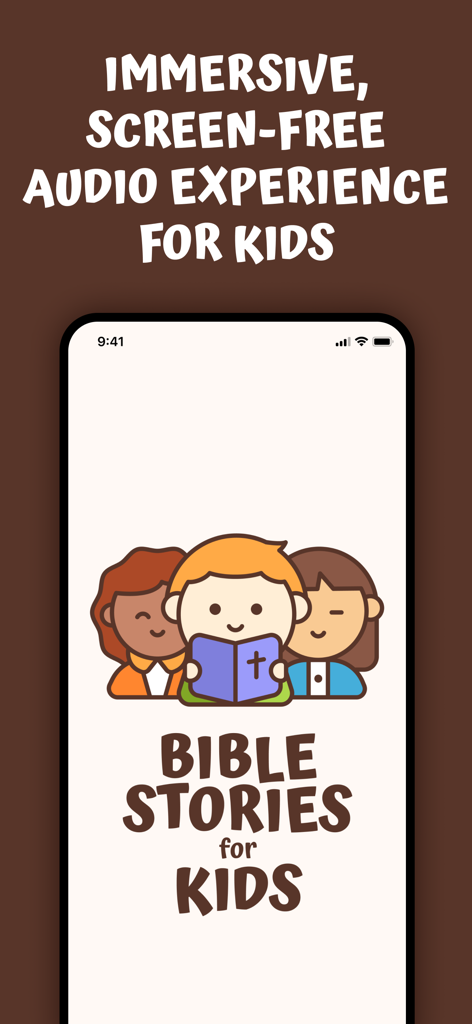 Bible Stories For Kids! - Promotional screen for Bible Stories For Kids app featuring cartoon children reading a Bible and text highlighting an immersive screen-free audio experience
