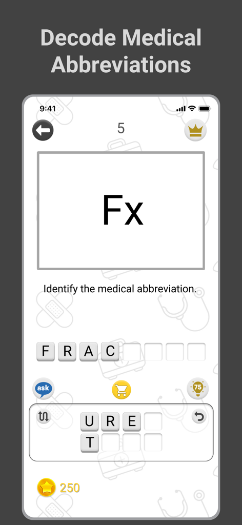 Medical Findings app screen showing a gamified challenge to decode the medical abbreviation Fx into the word fracture