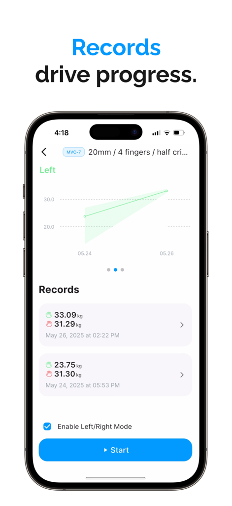 Bildschirm eines Smartphones, der ein Fortschrittsdiagramm und Trainingsaufzeichnungen für isometrische Kraft im Frez-App anzeigt.