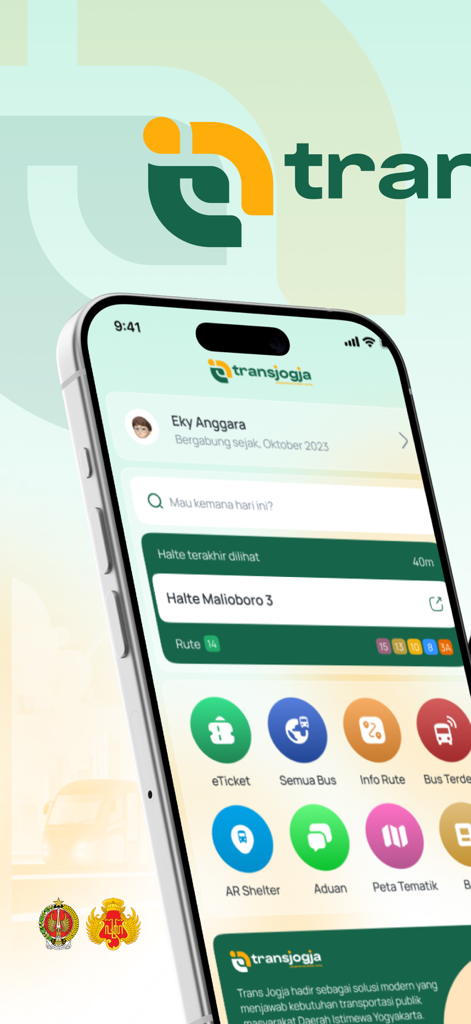 Trans Jogja - Trans Jogja mobile app home screen on an iPhone showing bus routes and navigation features
