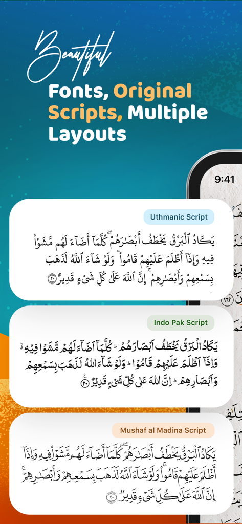 Comparison of Uthmanic Indo Pak and Mushaf al Madina Arabic script styles in the Quran app