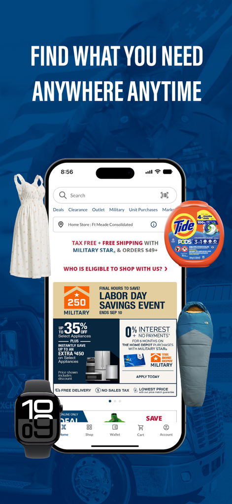 My Exchange app home screen showing tax free shopping and labor day savings for military members