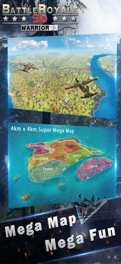 Warrior63 - Battle Royale 3D - Vista aérea de Warrior63 Battle Royale 3D del mega mapa de 4 km que muestra diferentes terrenos del juego