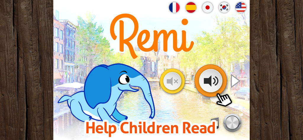 Kids Book & Reading - Remi - レミの子供向け読書アプリのインタラクティブなホーム画面。青い象と多言語オプションが特徴。
