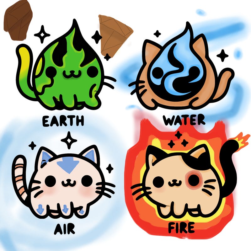 4 cats that represent the different elements, earth, water, air, and fire