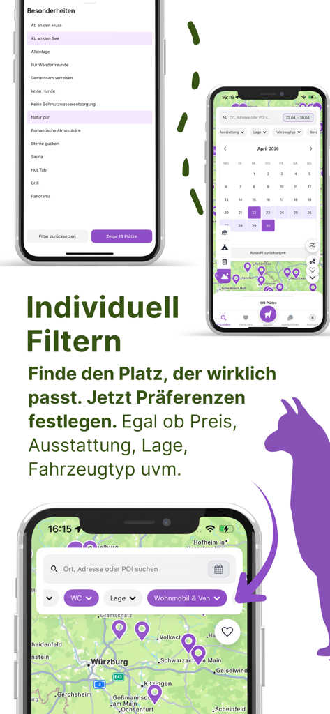 Alpaca Camping App - Interface of the Alpaca Camping App displaying custom search filters and a map of camping spots
