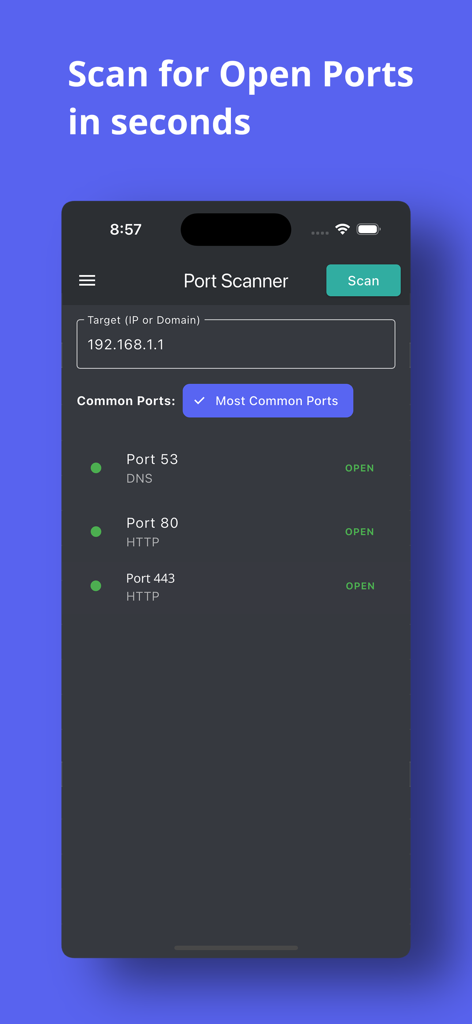 IP Scanner: Network Tools - Interfaz móvil de la aplicación IP Scanner que muestra una lista de puertos de red abiertos para una dirección IP