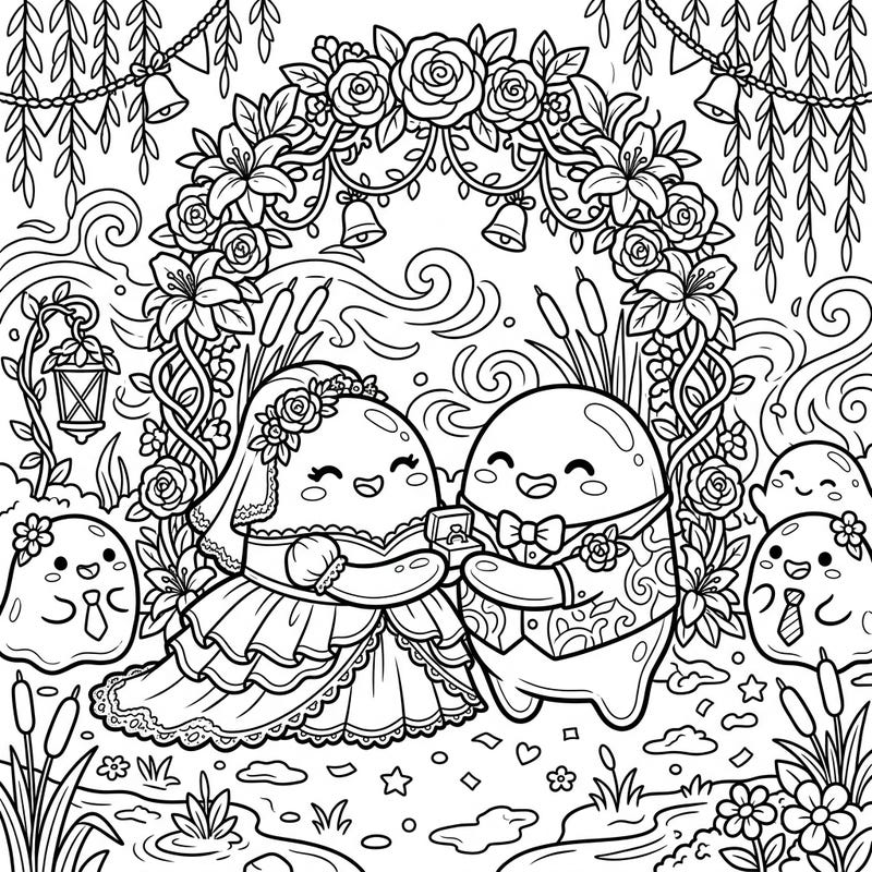Witness a truly unique and charming wedding celebration with our Mire Slime Wedding coloring page, perfect for fantasy and romance lovers alike. Immerse yourself in this delightful scene as two sweet slimes exchange vows amidst beautiful swamp flora.