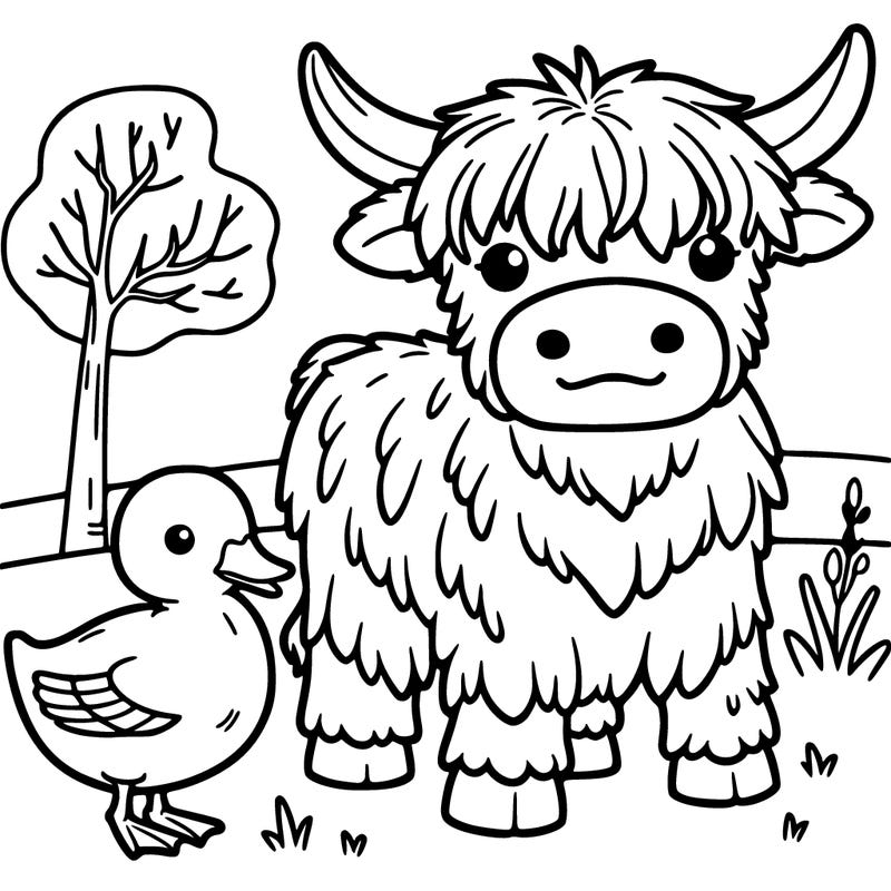 highland cow and duck