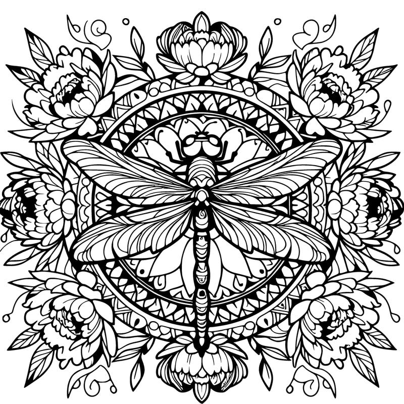 mandala dragon fly with peonies