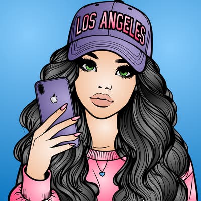 realistic beautiful girl wearing los ángeles cap holding an iphone