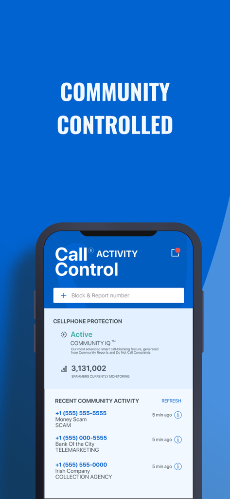 Call Control: #1 Call Blocker - Captura de pantalla de la aplicación Call Control que muestra la pantalla de actividad comunitaria con informes recientes de llamadas de spam y estafas.