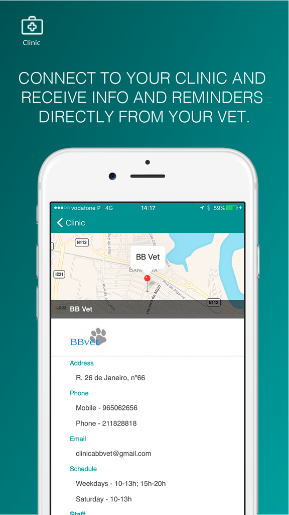 Petable - Petable app screen displaying vet clinic map location and contact details