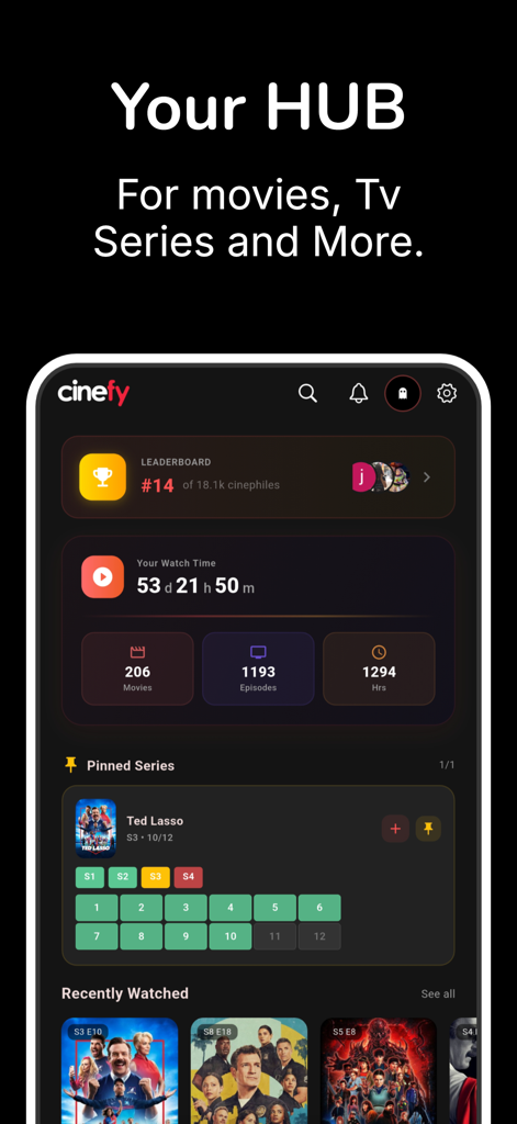 Cinefy - Where to Watch - Painel do aplicativo Cinefy mostrando estatísticas de tempo de exibição e recursos de rastreamento de filmes