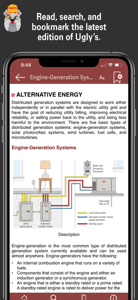 Ugly's Electrical References - Screenshot of the Uglys Electrical References app displaying a diagram and information about alternative energy engine generation systems