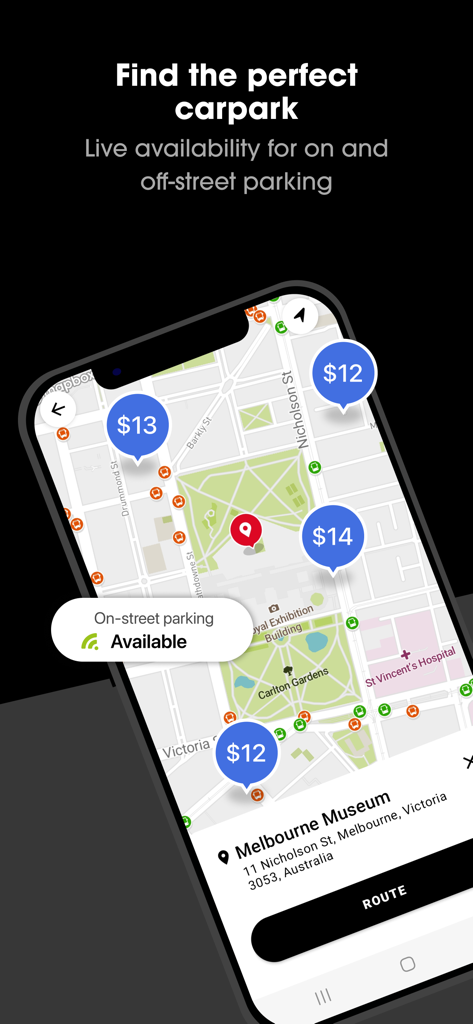 Arevo: VIC Journey Planner - Arevo app screen showing real-time parking availability and prices on a Melbourne map