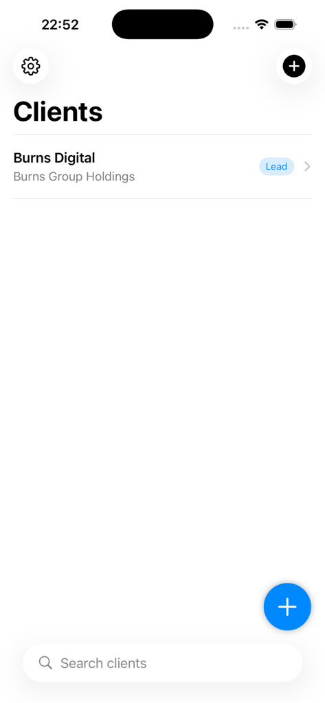 Client Journal - The main clients list screen of the Client Journal app showing a lead entry and a search bar.