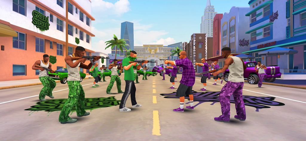 Gangs Fighter: Vice Island - A gang war scene with rival factions in green and purple facing off on a city street