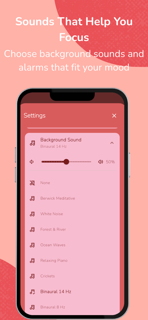Ein Mobile App-Bildschirm, der eine Liste beruhigender Hintergrundgeräusche wie weißes Rauschen und binaurale Beats anzeigt, um Benutzern bei der Konzentration zu helfen.
