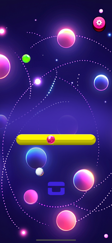 Gameplay screenshot of Ball Unifying Dodger showing a pink ball on a yellow platform with glowing neon spheres
