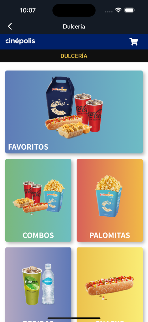 Cinepolis El Salvador - Menú de concesiones de la aplicación Cinépolis El Salvador que muestra opciones de comida y bebida