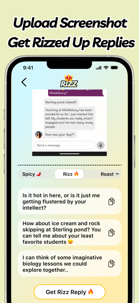 Rizz AI - Dating Wingman Plug - Schermata dell'app Rizz AI che mostra risposte di appuntamenti generate dall'IA e opzioni di tono di conversazione.