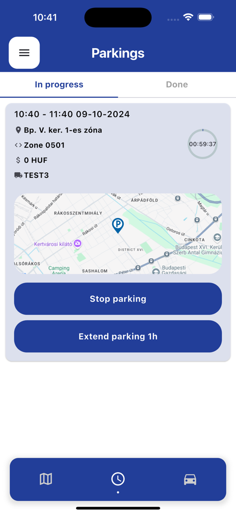 TrackGPS eParking - Mobile Benutzeroberfläche zeigt eine aktive Parkersitzung mit Optionen zum Beenden oder Verlängern der Zeit