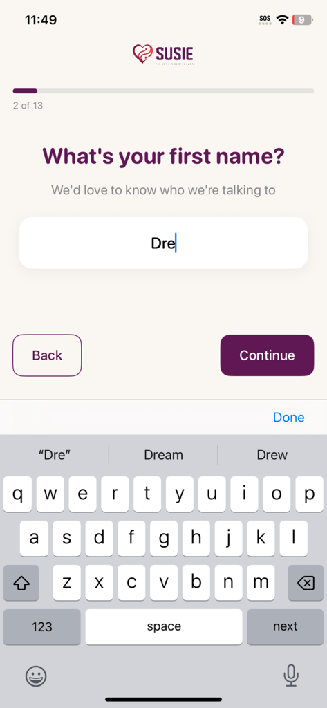 Susie Dating App - Susie dating app onboarding screen asking for user first name