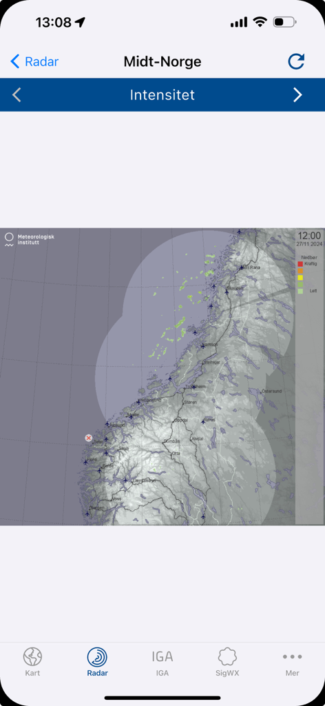 HemsWX app interface showing a weather radar map for Central Norway with precipitation intensity data for pilots