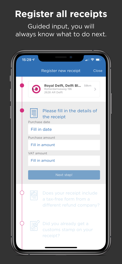 vatfree.com - Smartphone screen showing the guided process for registering a new shopping receipt in the Vatfree app.