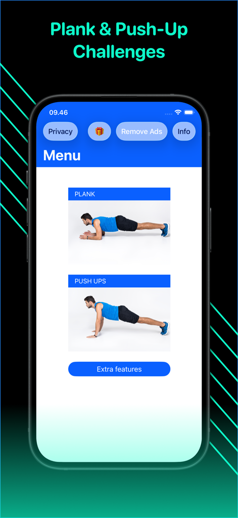 Plank Challenge 4 minutes - Plank and push-up exercise selection menu in the Plank Challenge app