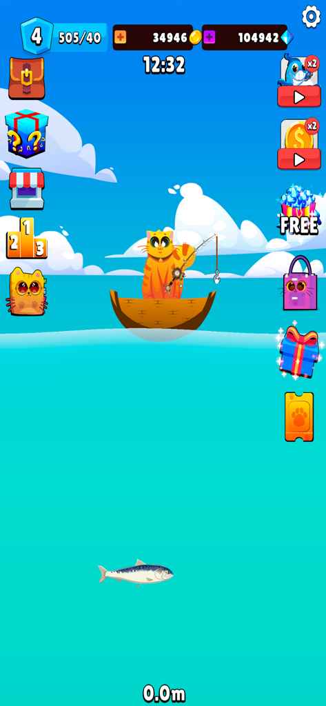 One Fish: Fishercat Collector - Un lindo gato naranja pescando desde un bote de madera en el océano