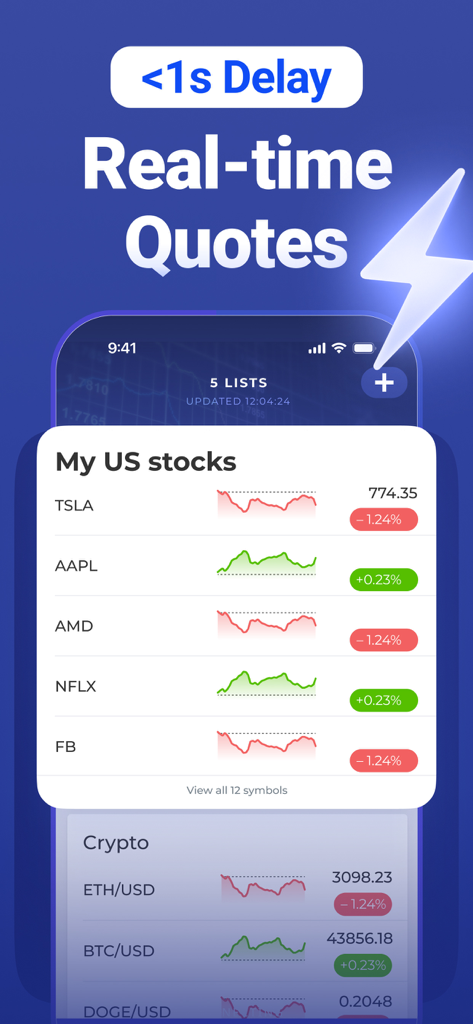 Mobile app screen showing real-time US stock and crypto quotes with mini price charts and percentage changes