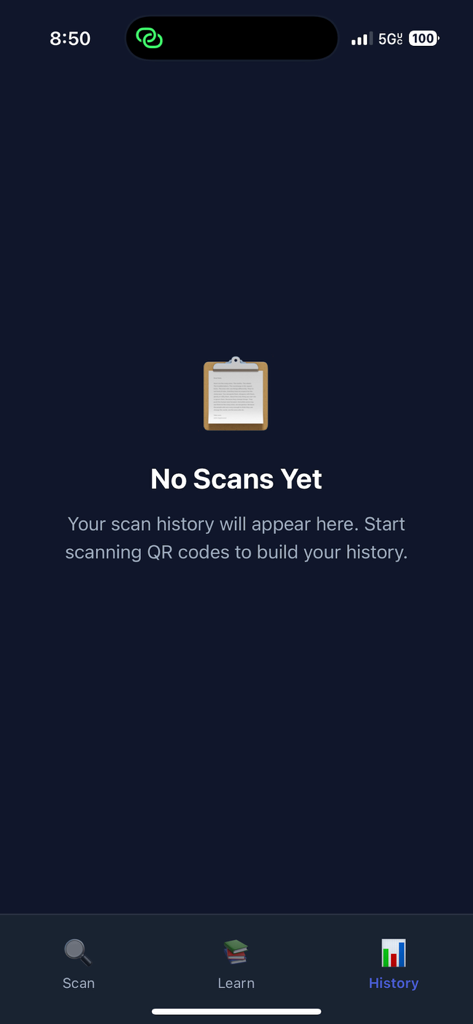 QR SafeScan - Threat Detector - Empty history page in the QR SafeScan threat detector app