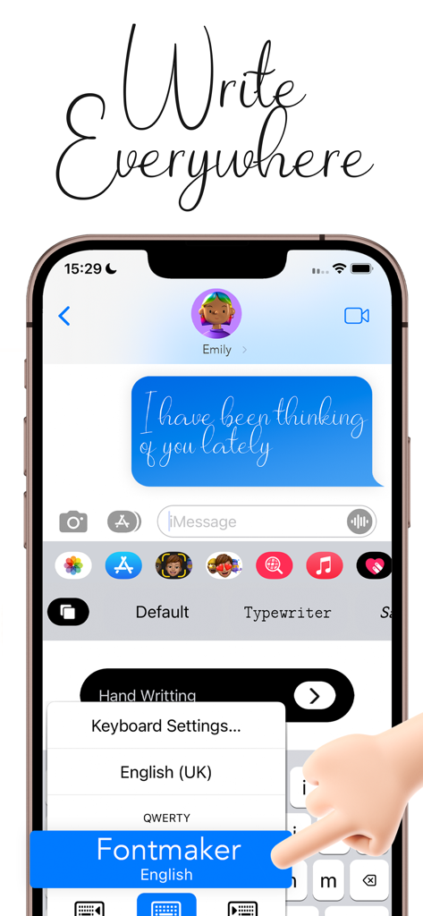 iPhone screen showing a custom handwritten cursive font used in a messaging app keyboard